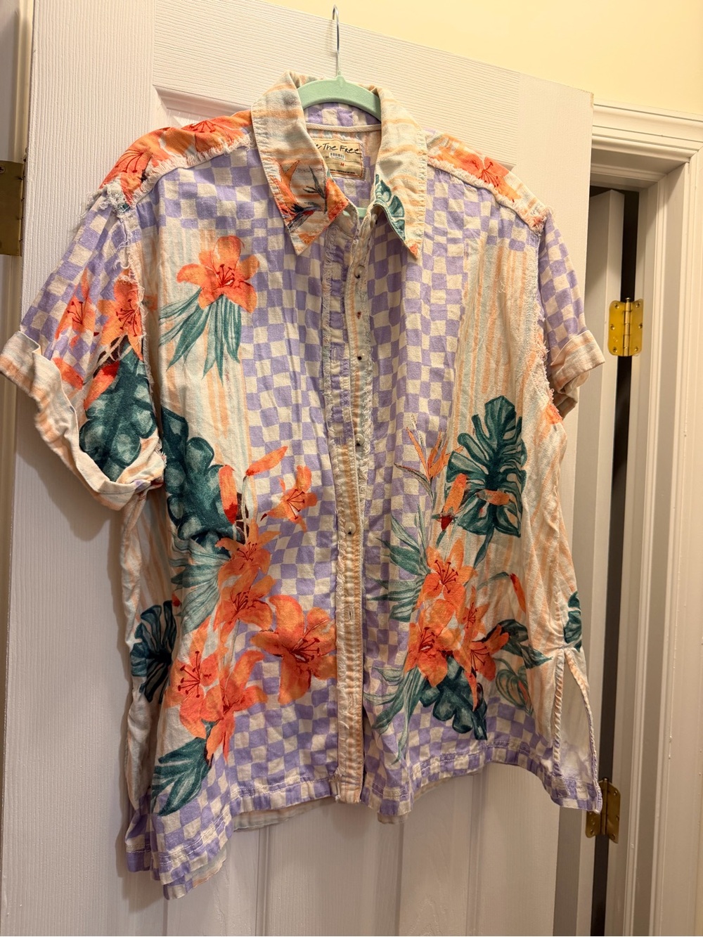 Free People Floral & Checker Short Sleeve Button-Down — Lavender, Orange, Teal